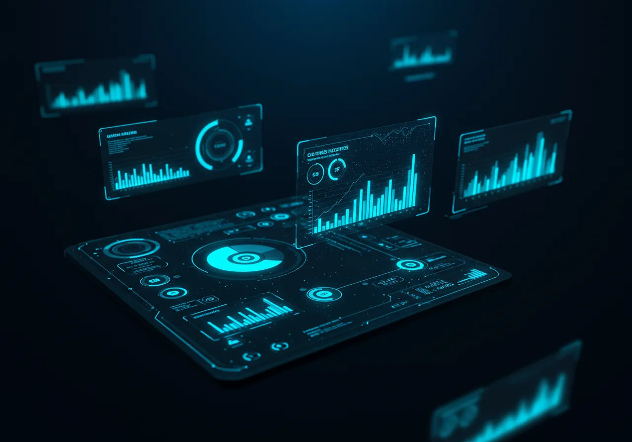 AI automation dashboard — holographic business operations panels with real-time workflow status